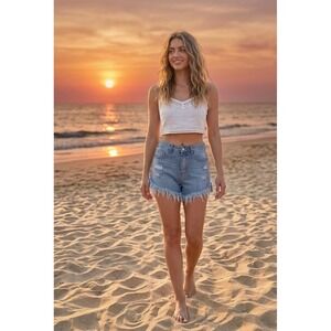 Signature 8 Denim Shorts Womens‎ Small Blue Distressed Frayed Hem High Rise New